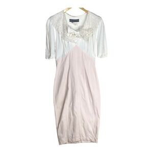Vintage 90s Karen Alexander Pink & White Lace Full Button Bodycon Dress Size 6